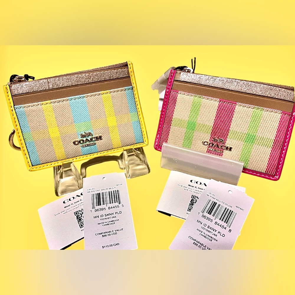 Coach NWT Leather &Canvas CHOOSE PINK orYELLOW Slim Plaid Card Holder/keychain - Picture 3 of 14